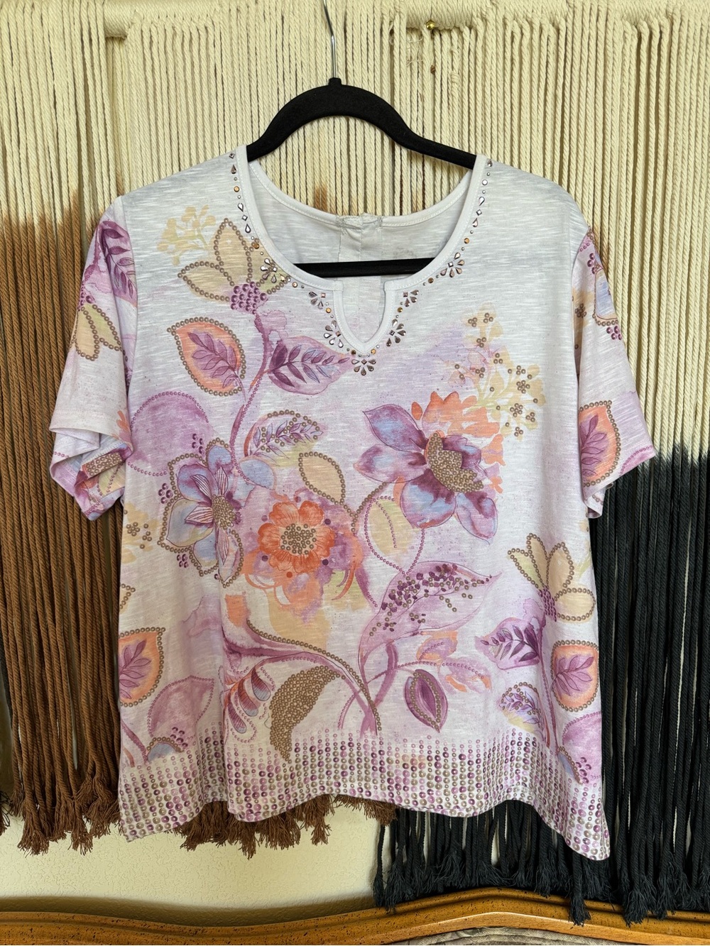Lilac + pink floral print top with studded accent neckline; excellent condition